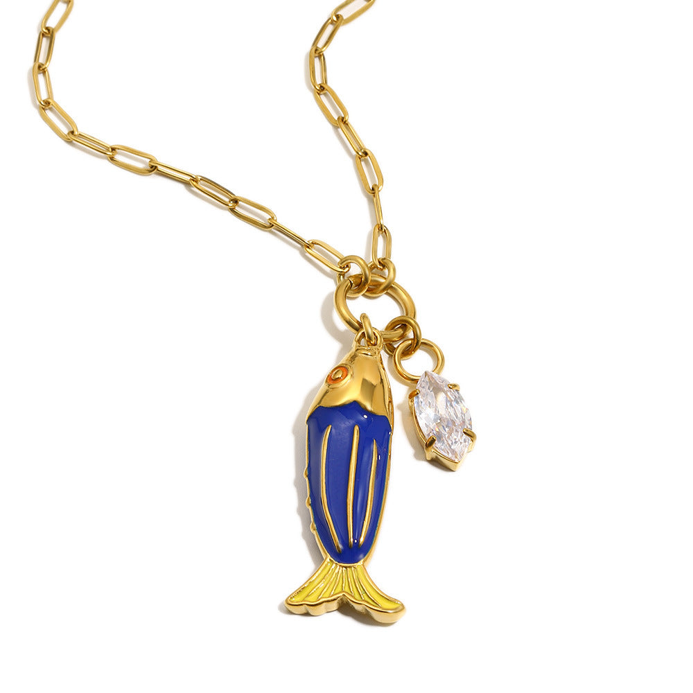 Elegant Luxury 18K Gold Plated Stainless Steel Drip Oil Fish Pendant Necklace with Cubic Zirconia for Women