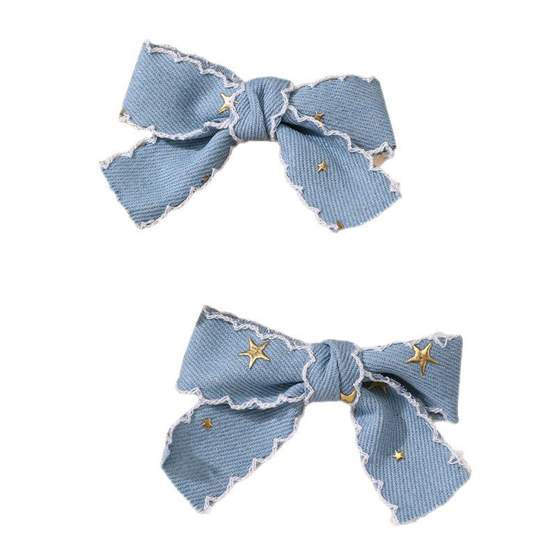 Retro Star Denim Bow Duckbill Hair Clip for Girls with Ruffled and Mesh Details