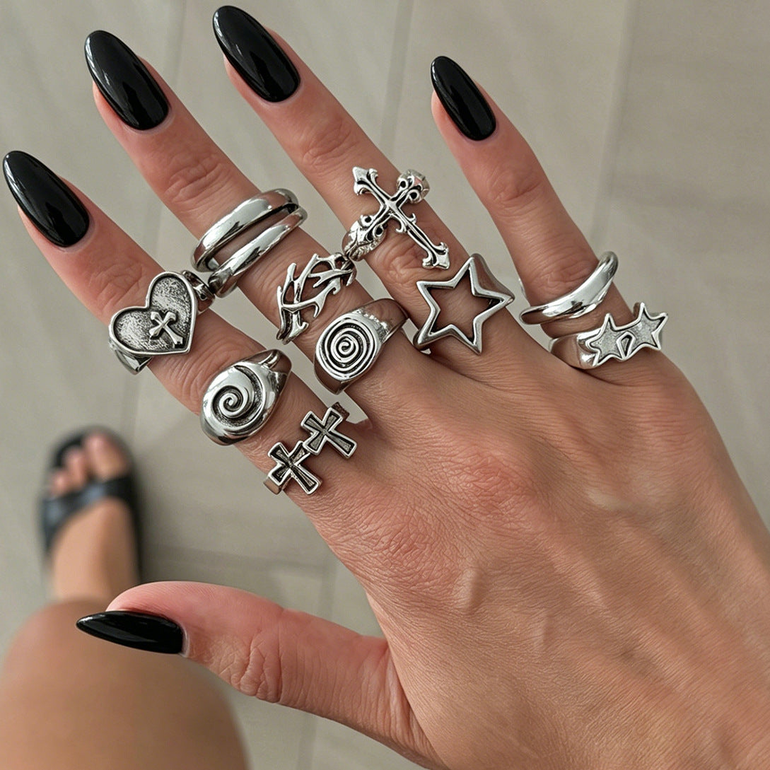 Vintage Punk Hollow Heart Star Cross Ring Zinc Alloy Plated Jewelry for Women