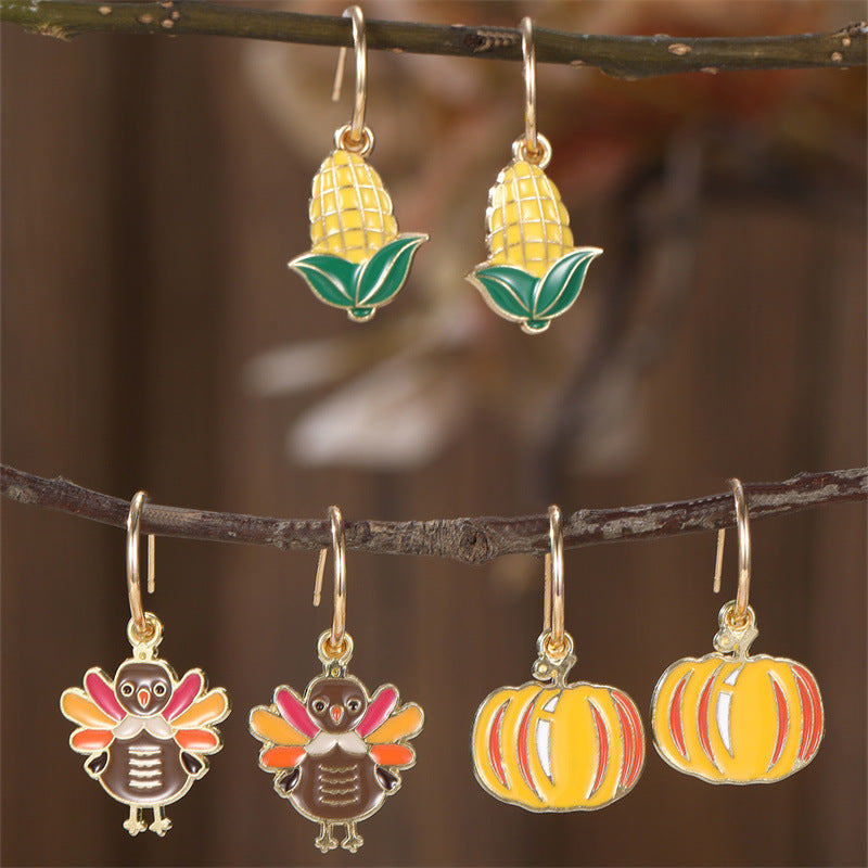 Minimalist Bowknot-Shaped Metal Stud Earrings for Girls with Pearl Inlay and Colorful Bee and Corn Fruit Design