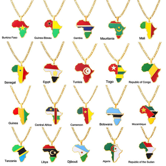 Geometric African Country Map Pendant Necklace in Stainless Steel with Enamel Finish for Unisex Wear