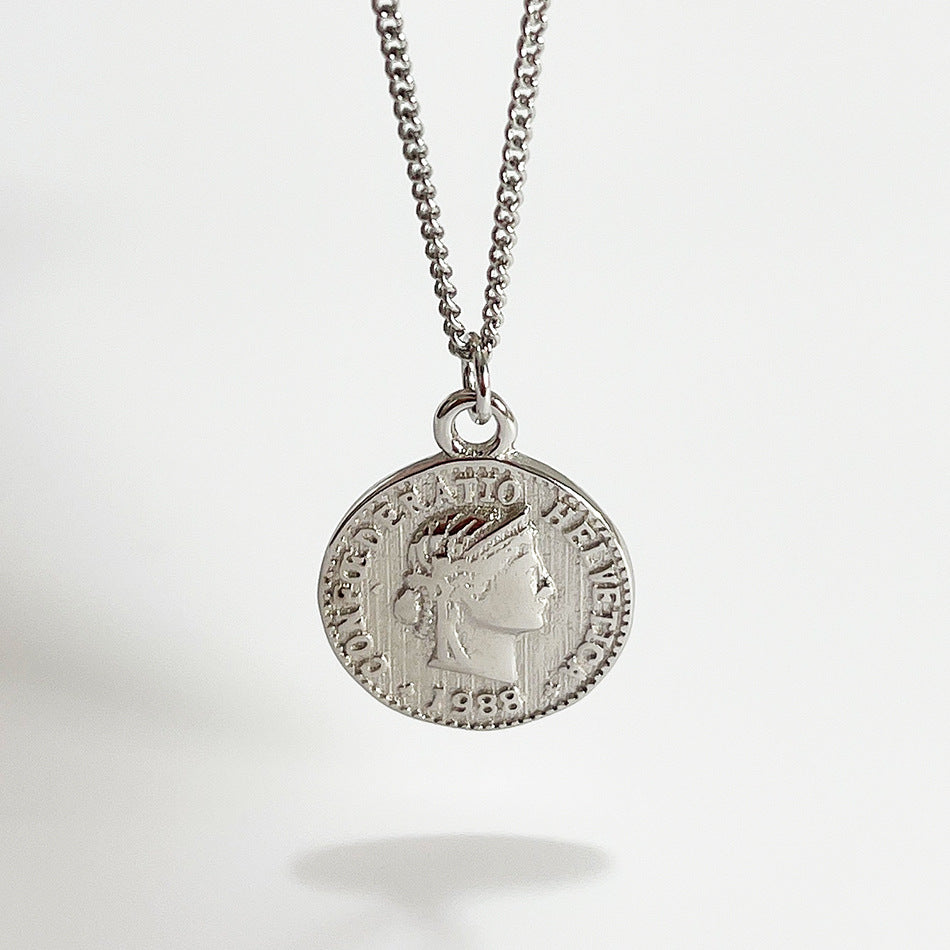 Minimalist White Gold Plated 925 Sterling Silver Round Coin Pendant Necklace on Ball Chain