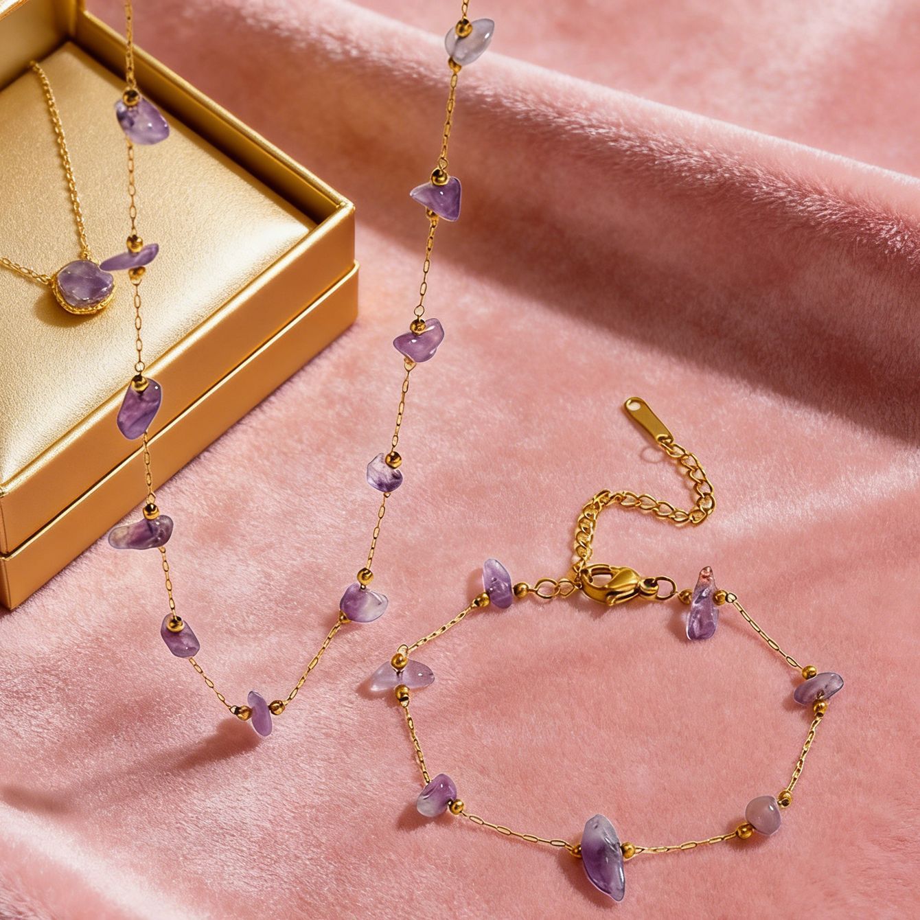 Sweet Elegant Geometric Titanium Steel Gold Plated Irregular Natural Stone Necklace and Bracelet Set for Women