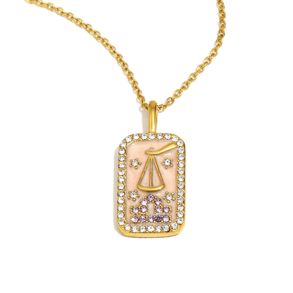 Collana con Pendente Minimalista Costellazione Zodiacale da Donna in Acciaio Inossidabile con Placcatura in Oro 18K e Intarsi in Smalto Dettagli in Strass Completi