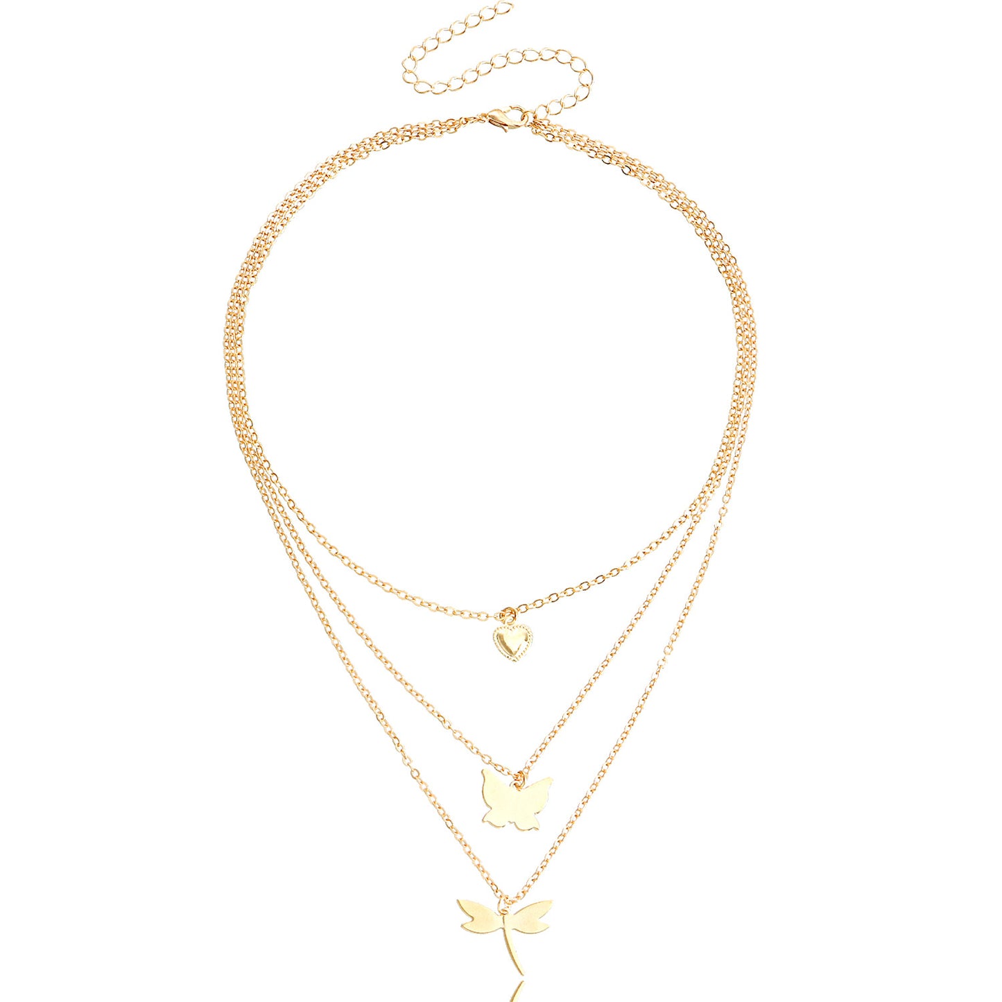 Collana a strati con ciondolo a forma di farfalla e libellula minimalista con charm a cuore in lega con finitura galvanica per donna