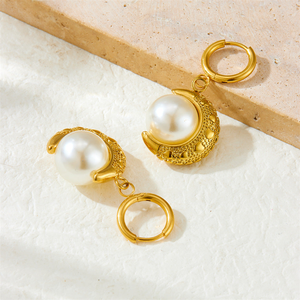 Vintage Gold Plated Moon Pearl Stainless Steel Earrings