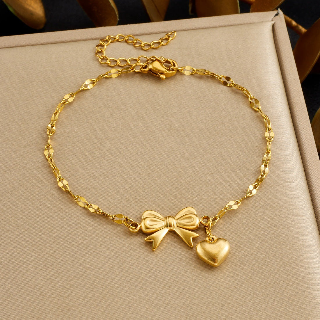 Gold Plated Stainless Steel Heart and Bow Bracelet for Women