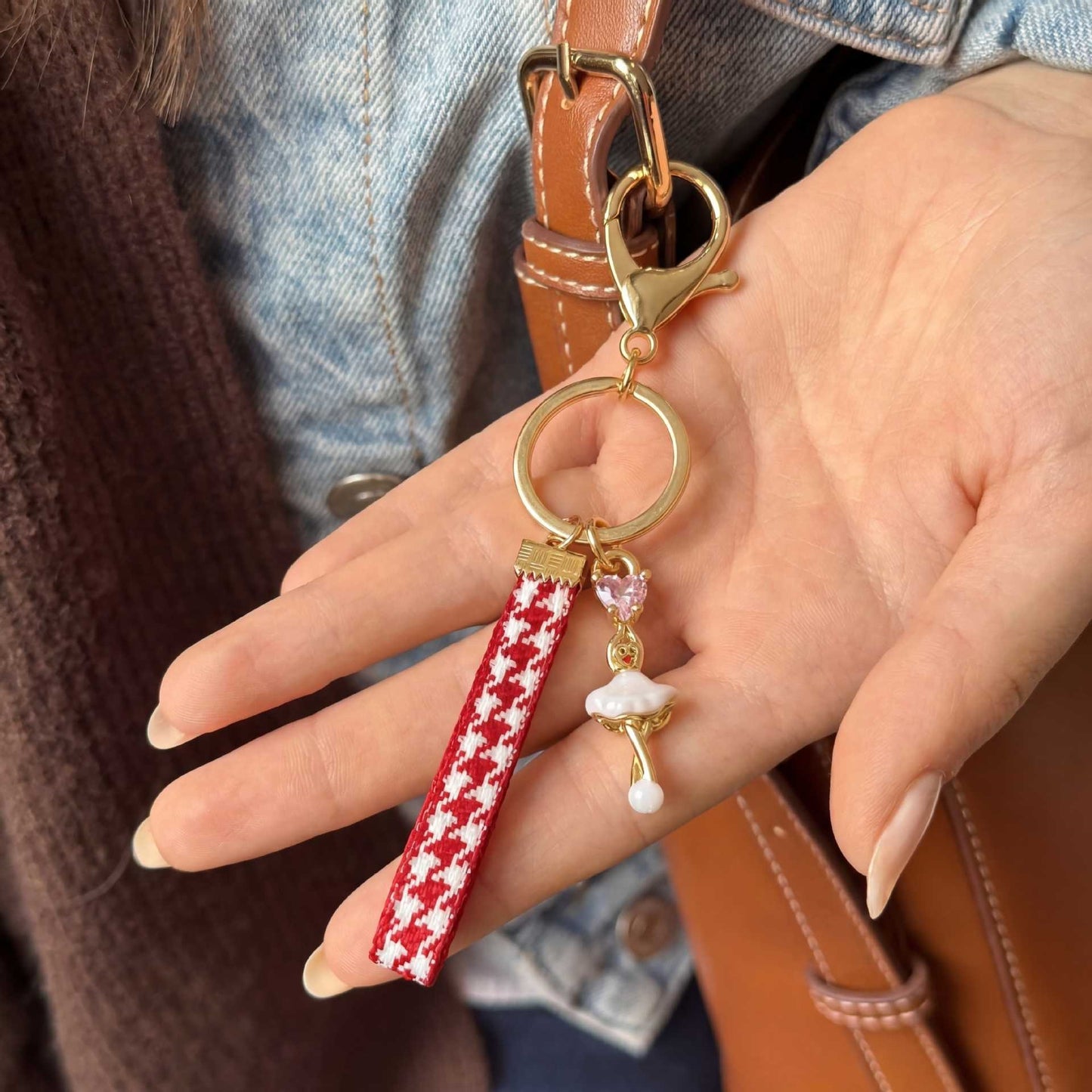 Sweet Gold Plated Brass Cartoon Strawberry Charm Bar Bag Pendant Keychain for Women