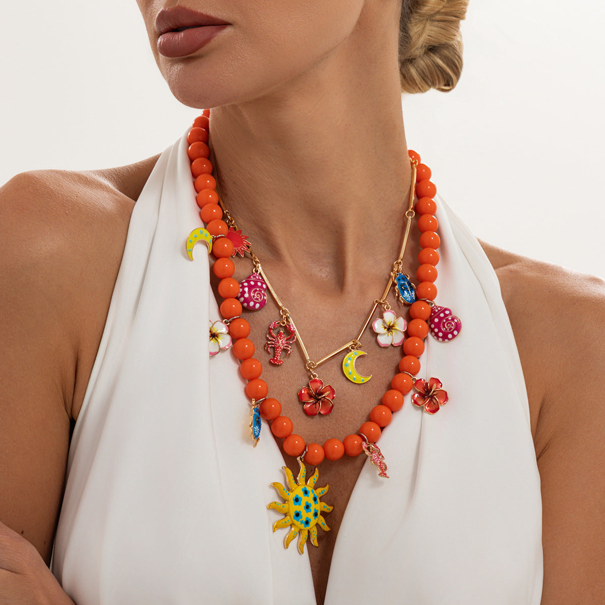 Bohemian Vintage Floral Animal Drip Oil Resin Zinc Alloy Pendant Necklace Brass Plated Cable Chain Women's Jewelry