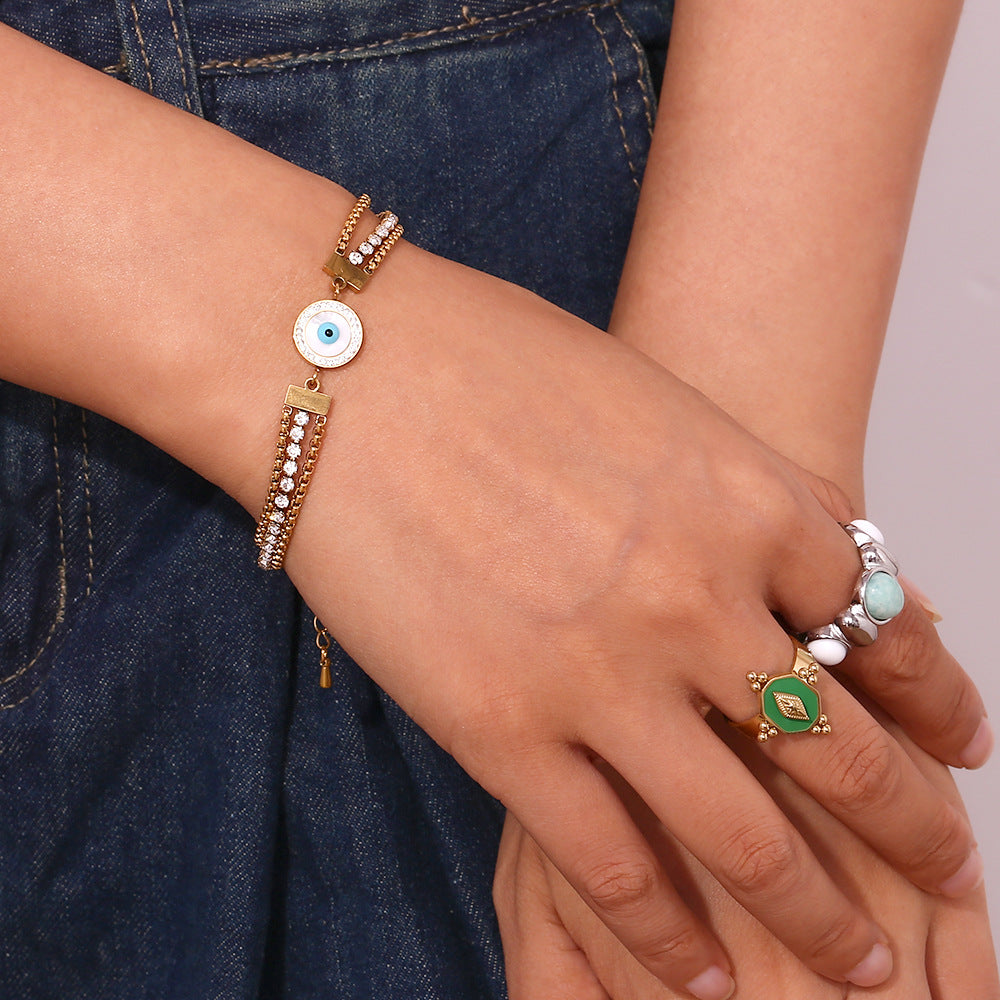 Bracciale da donna a triplo strato con zirconia rotonda e quadrata placcato oro 18 carati in acciaio inossidabile geometrico alla moda