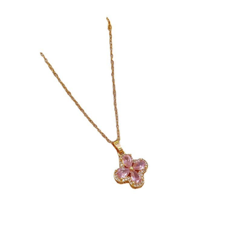 Elegant Floral-Shaped Titanium Steel Necklace with Micro-Pavé Rhinestones for Women, O-Chain Locket Style