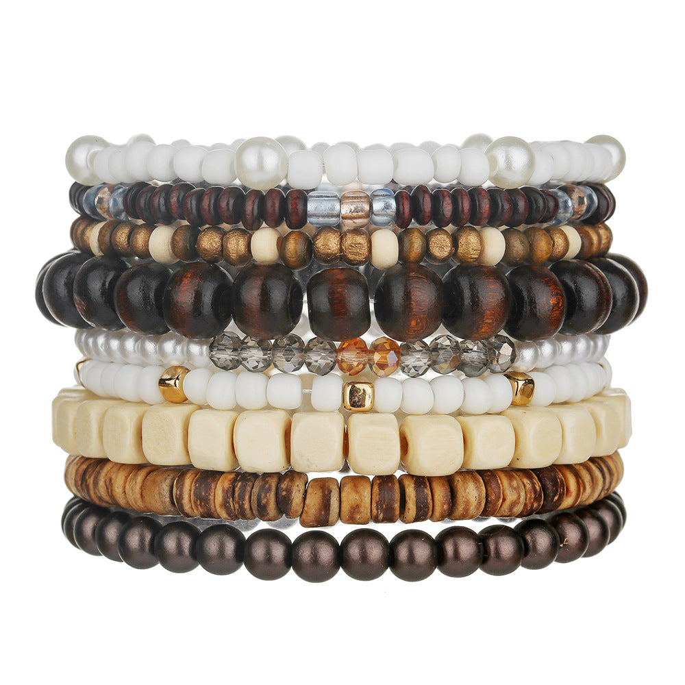 Bohemian Round Wood Bead Bracelet with Imitation Pearl and Crystal Inlay for Unisex
