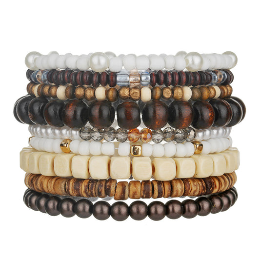 Bohemian Round Wood Bead Bracelet with Imitation Pearl and Crystal Inlay for Unisex