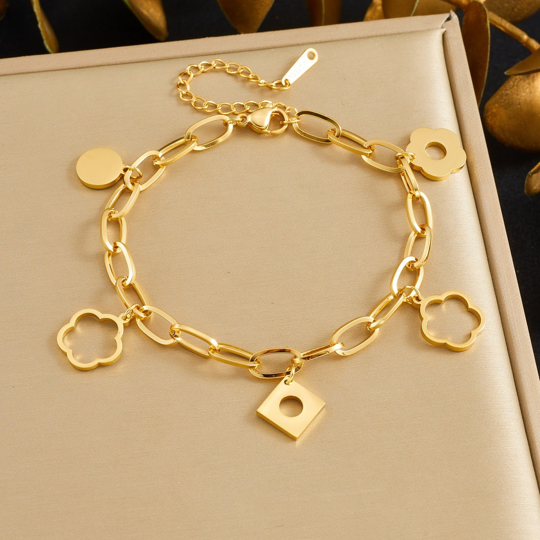 Vintage Gold Plated Stainless Steel Floral Geometric Round Square Pendant Bracelet