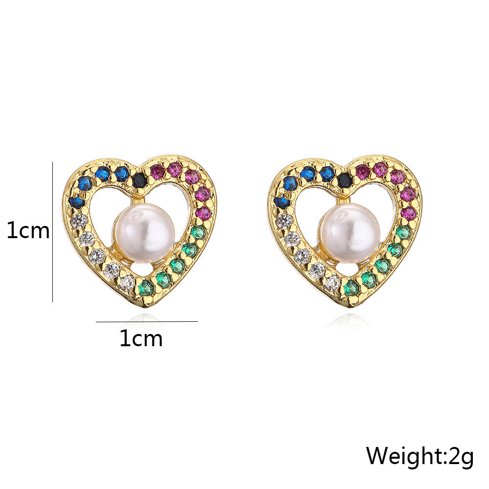 Minimalist Heart-Shaped Copper Earrings with 18K Gold Plating Micro-Pave Zirconia and Pearl Accents for Women
