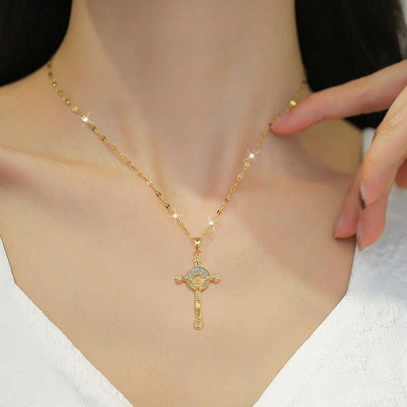Collana Pendente a Croce di Lusso in Acciaio al Titanio con Intarsi di Strass per Donna e Uomo Catenina