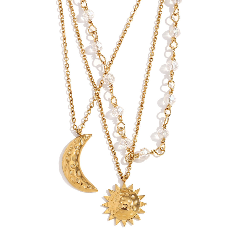 Collar con colgante minimalista de estrella y luna para mujer de acero inoxidable con chapado en oro de 18 quilates, cadena de triple capa