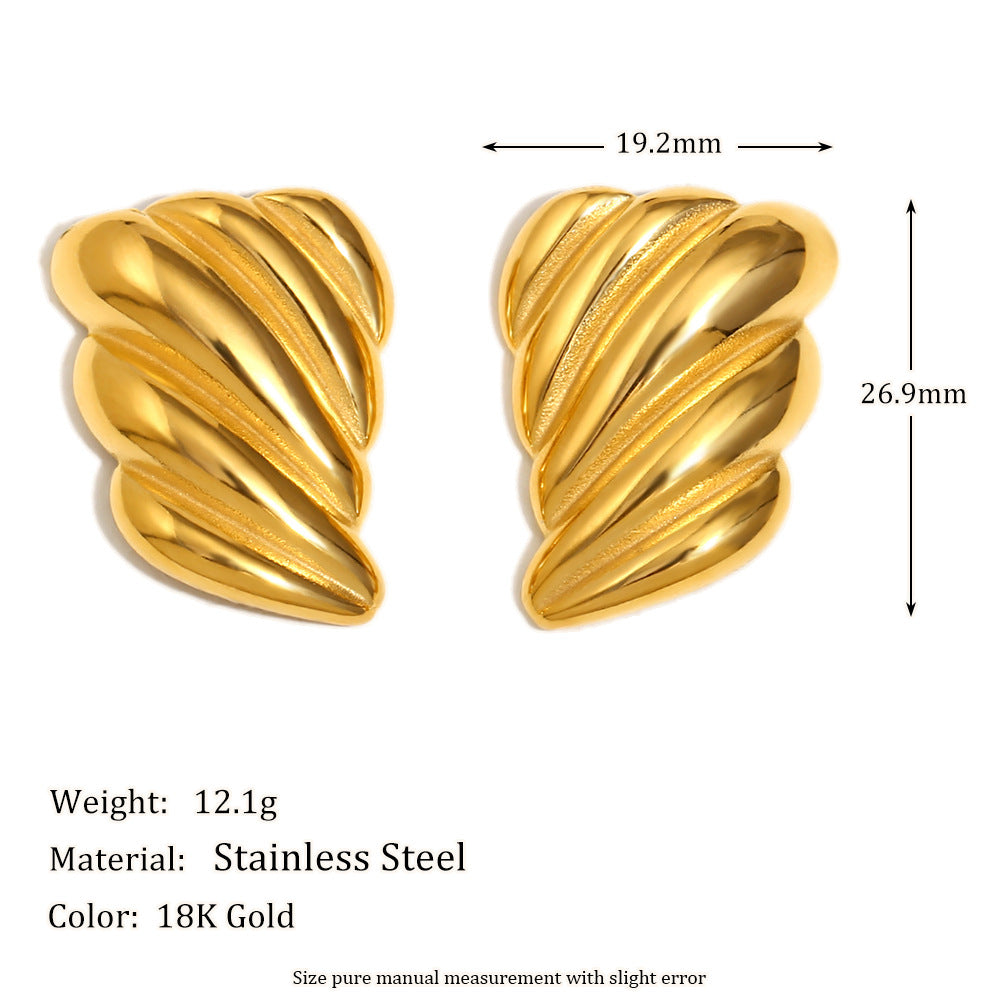Fashionable Minimalist Geometric Wing Texture Stainless Steel Earrings with 18K Gold Plating for Women