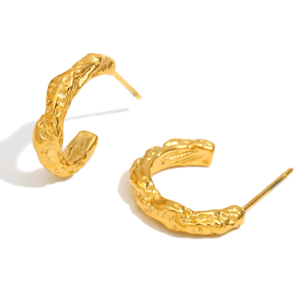 Minimalist Geometric Stainless Steel Earrings with 18K Gold Plating and Hammered Texture for Women