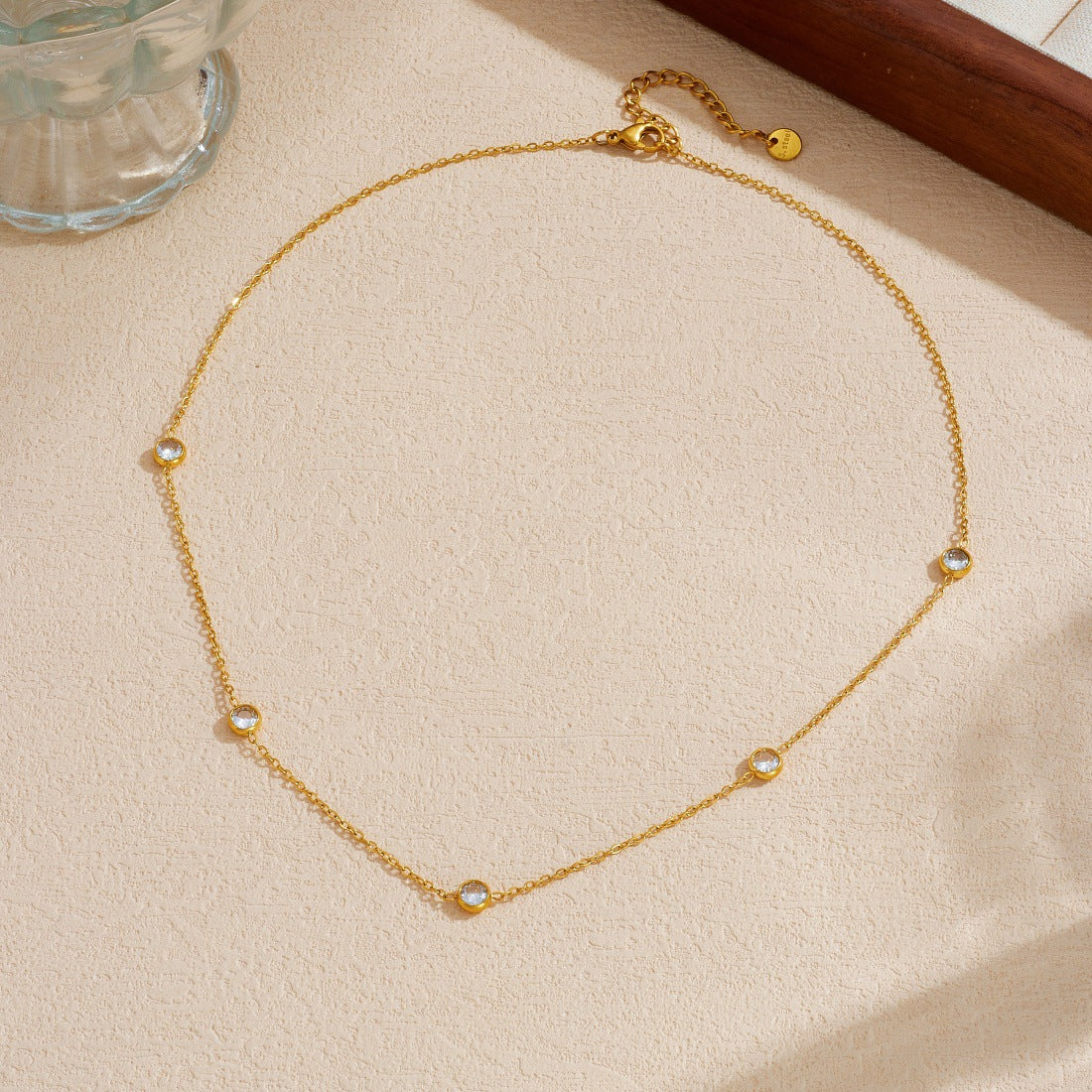 Minimalist Gold Plated Round Geometric Stainless Steel Necklace with Rhinestone for Women