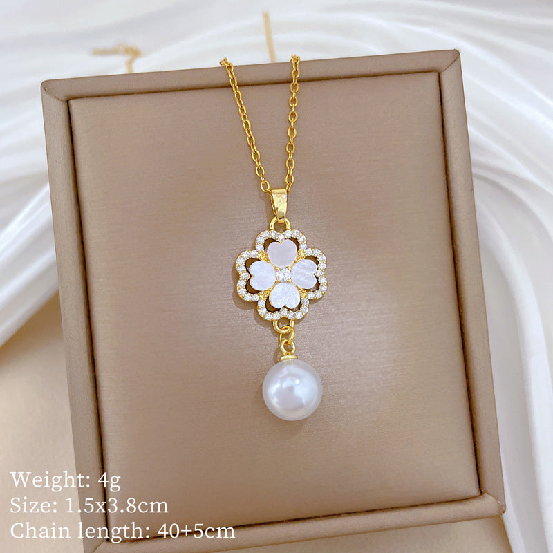 Sweet Four-leaf Clover Titanium Steel Collarbone Necklace with Pearl, Shell, Micro-set Cubic Zirconia and Amethyst Pendant