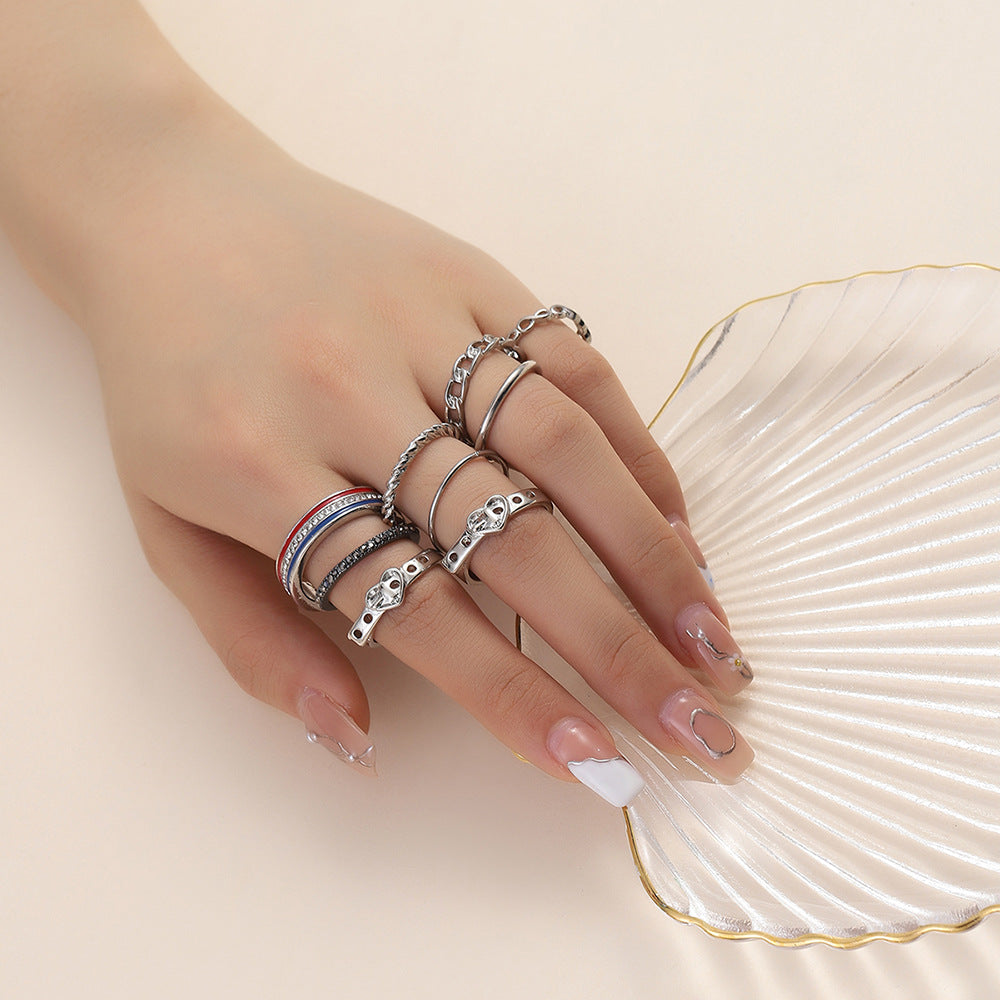 Minimalist Casual Geometric Heart Alloy Ring Set with Rhinestone and Drip Oil Detail