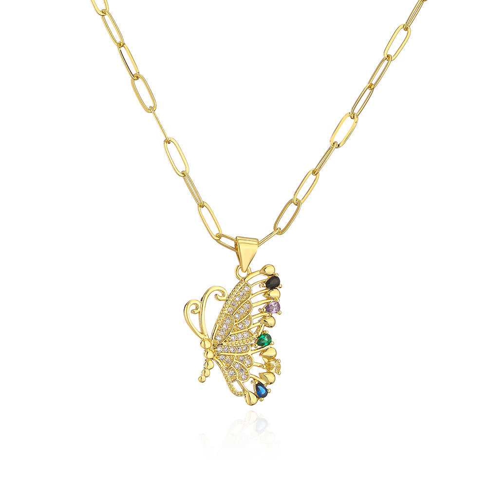 Minimalist Butterfly and Dragonfly Pendant Necklace for Women in Copper with 18K Gold Plating and Micro-Pave Zirconia
