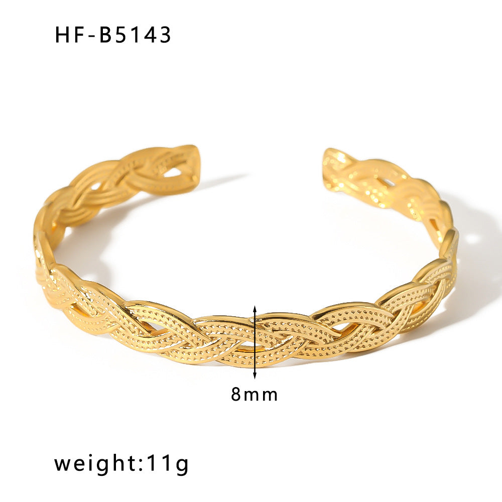 Adjustable Open Bangle Bracelet for Women in Stainless Steel with 18K Gold Plating, Hollow-Out Design, Textured Chain and Irregular Woven Pattern