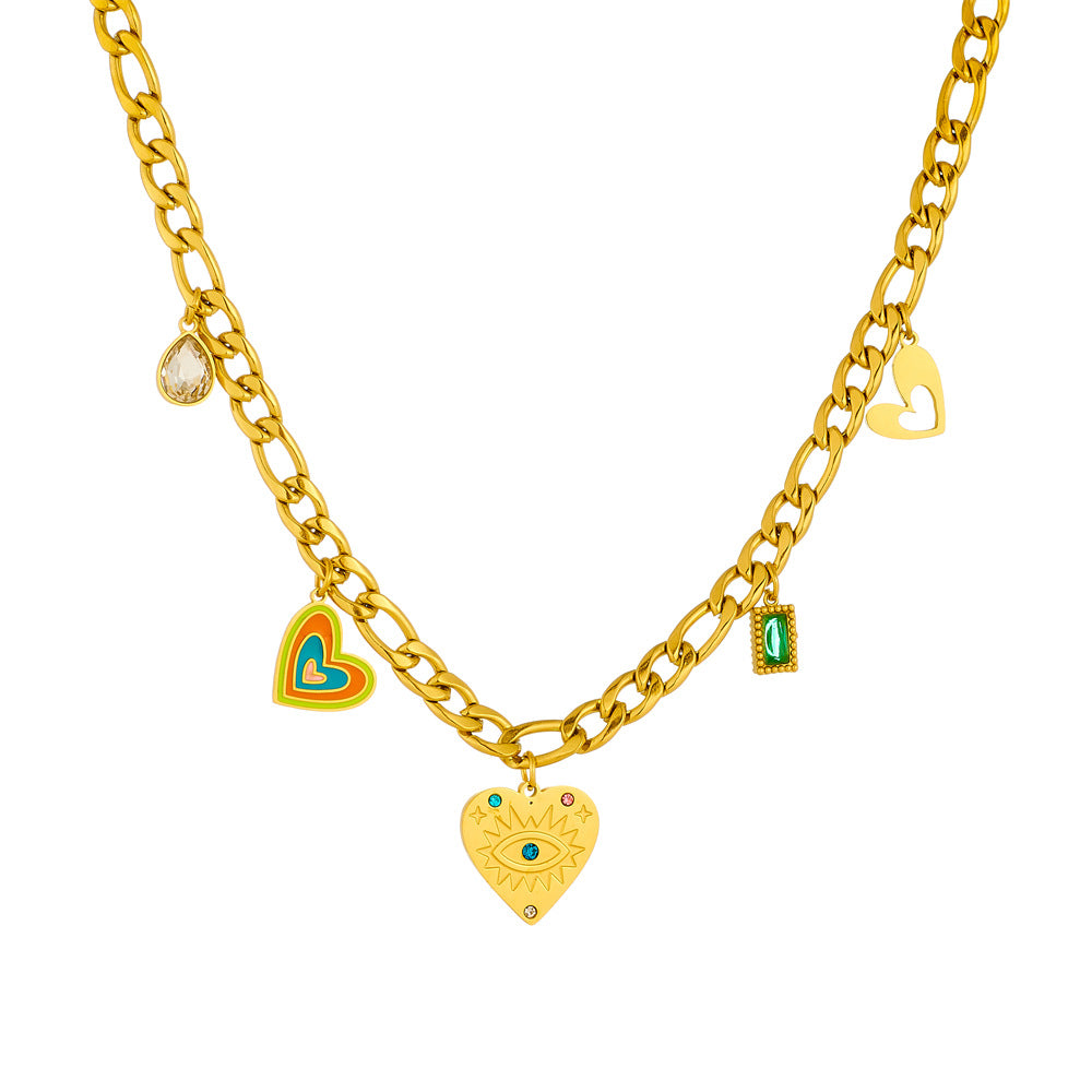 Fashionable Heart-Shaped Enamel Pendant Necklace with Rhinestone Inlay on Gold-Plated Stainless Steel Snake Chain for Women