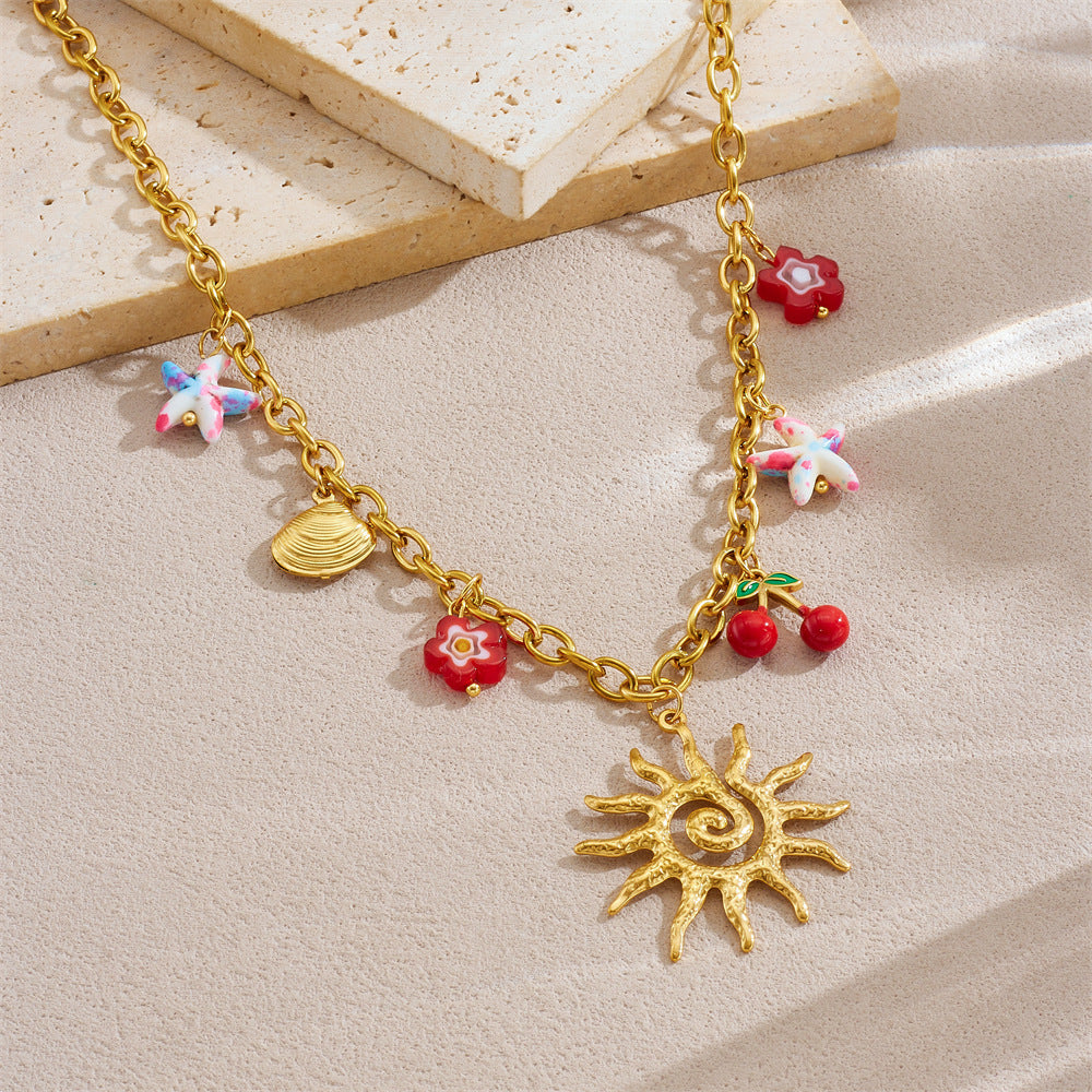 Gold Plated Drip Oil Floral Star Fruit Stainless Steel Cable Chain Necklace for Women