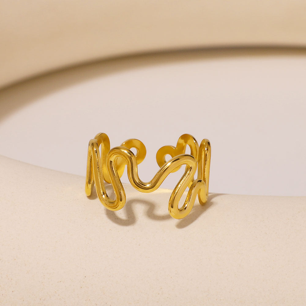 Wavy Line Stainless Steel Ring with 18K Gold Plating Hypoallergenic Minimalist Geometric Design