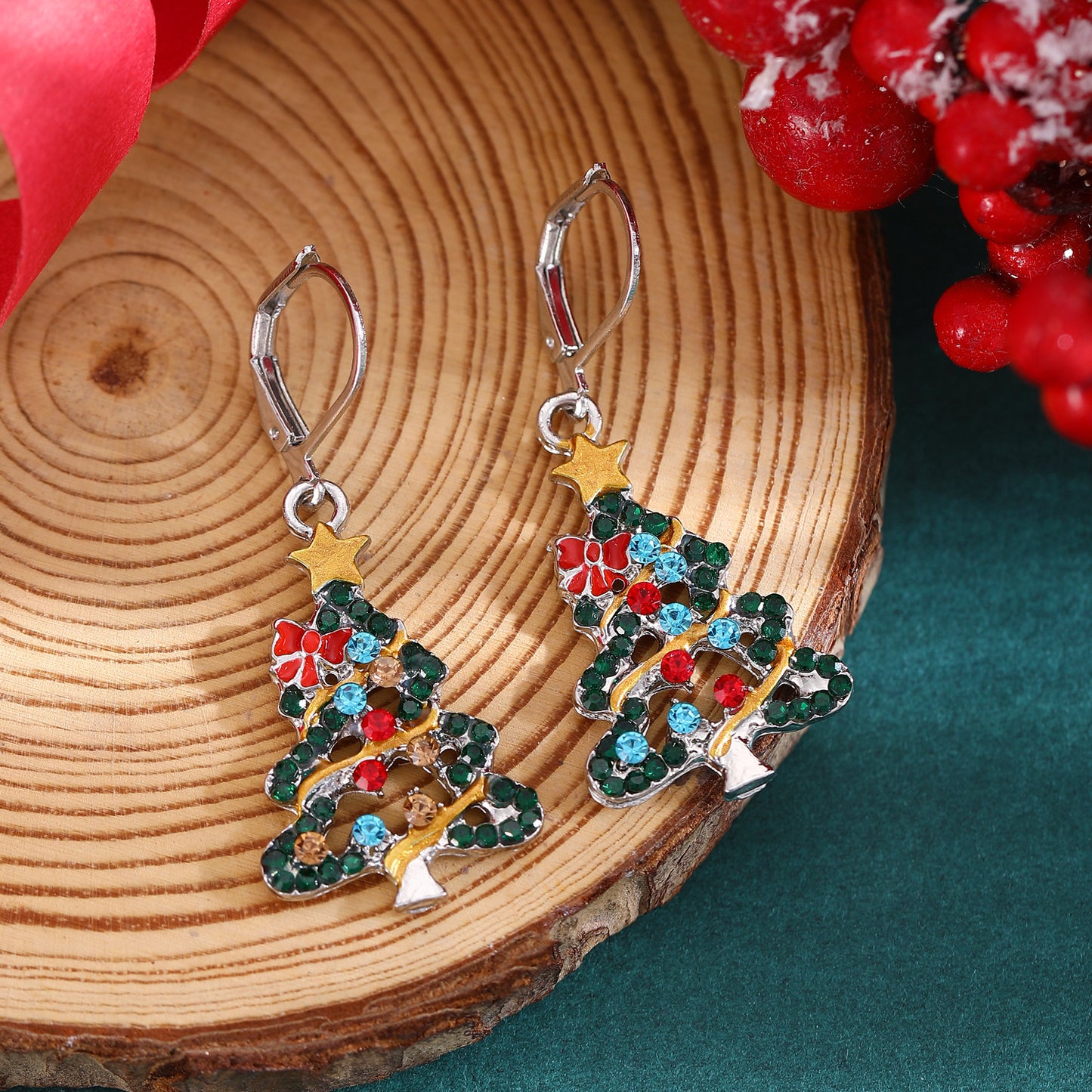 Orecchini da donna con strass in smalto a forma di fiocco rosso e stella in lega per albero di Natale