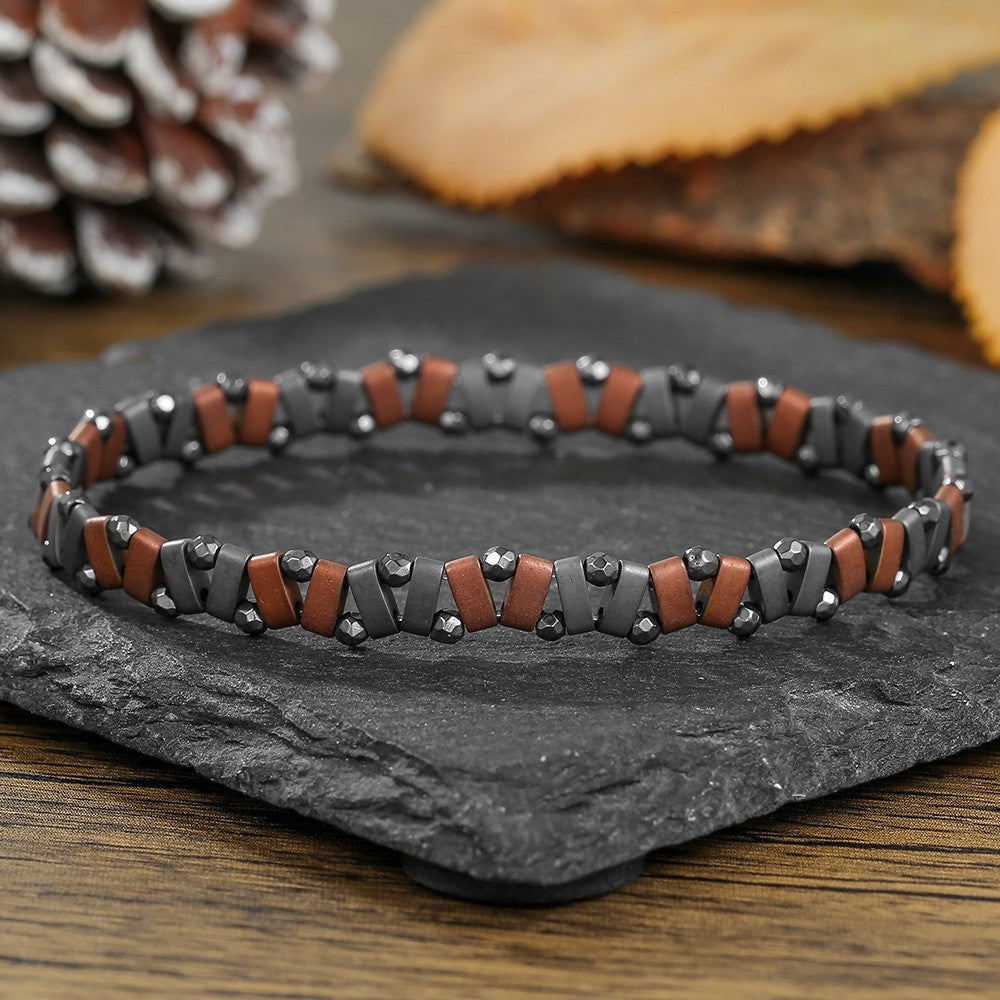Geometric Handmade Beaded Tiger Eye and Hematite Bracelet with Woven Cord