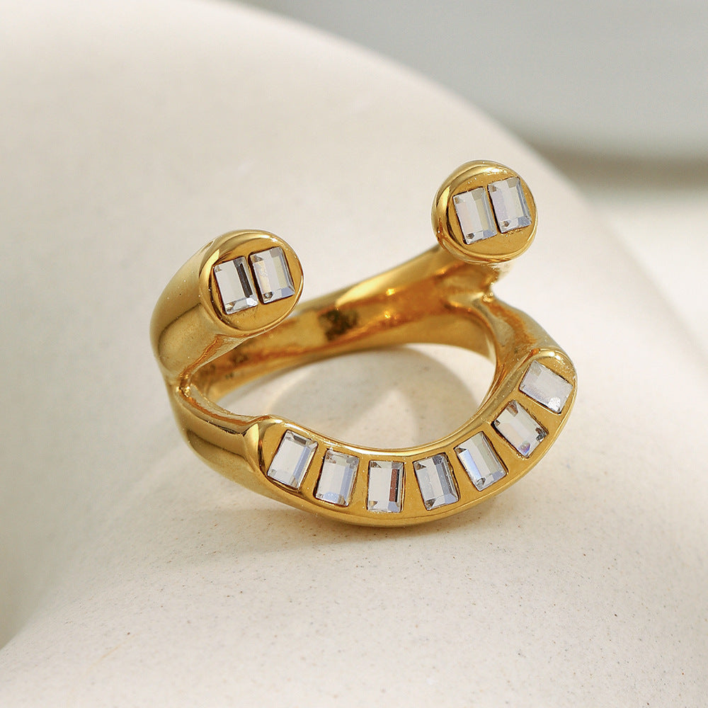 Anello geometrico minimalista in acciaio inossidabile con placcatura in oro 18 carati e zirconi irregolari da donna