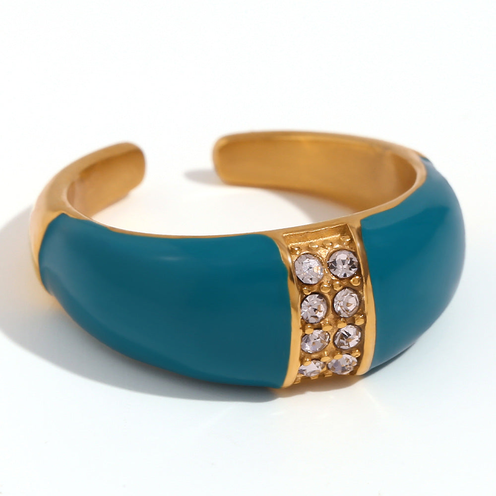 Minimalist Geometric Stainless Steel Ring with 18K Gold Plating and Enamel Finish for Women