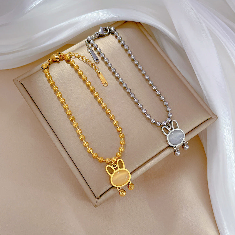 Minimalist Rabbit-Shaped Titanium Steel Bracelet with Gold Inlay and Wavy Texture for Women