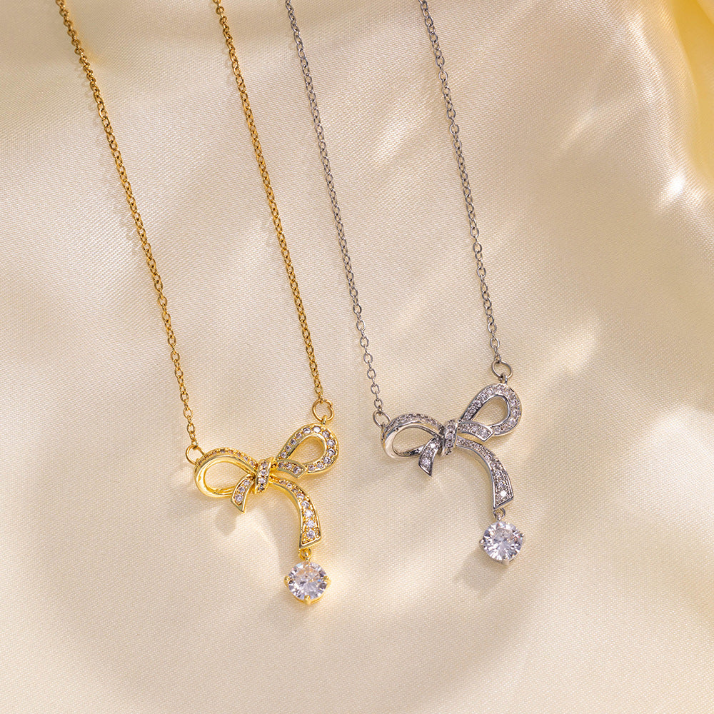 Minimalist Geometric Bowknot Pendant Necklace for Women in Titanium Steel with Rhinestone Inlay and Electroplated Finish on Snake Chain