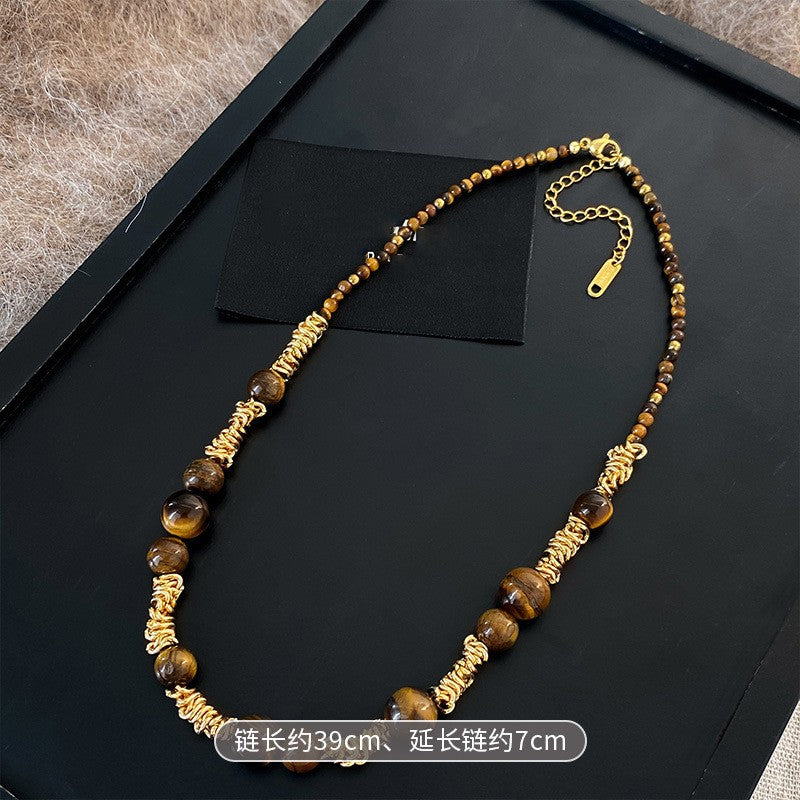 Collana pendente occhio di tigre in stile retrò con design geometrico da donna, catena a maglie color oro, accessorio minimalista di lusso