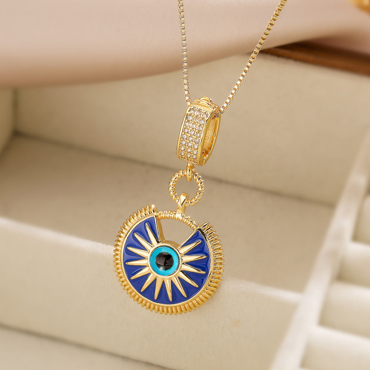 Vintage Geometric Gold Plated Brass Drip Oil Cubic Zirconia Evil Eye Pendant Necklace for Women