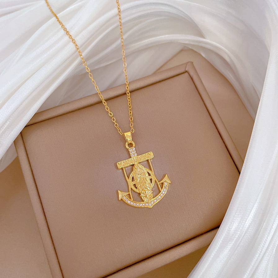 Cartoon Style Anchor Pendant Necklace for Women and Men with Titanium Steel Chain Geometric Shape Stainless Steel Base Full Rhinestone Accented Elegant Clavicle Chain