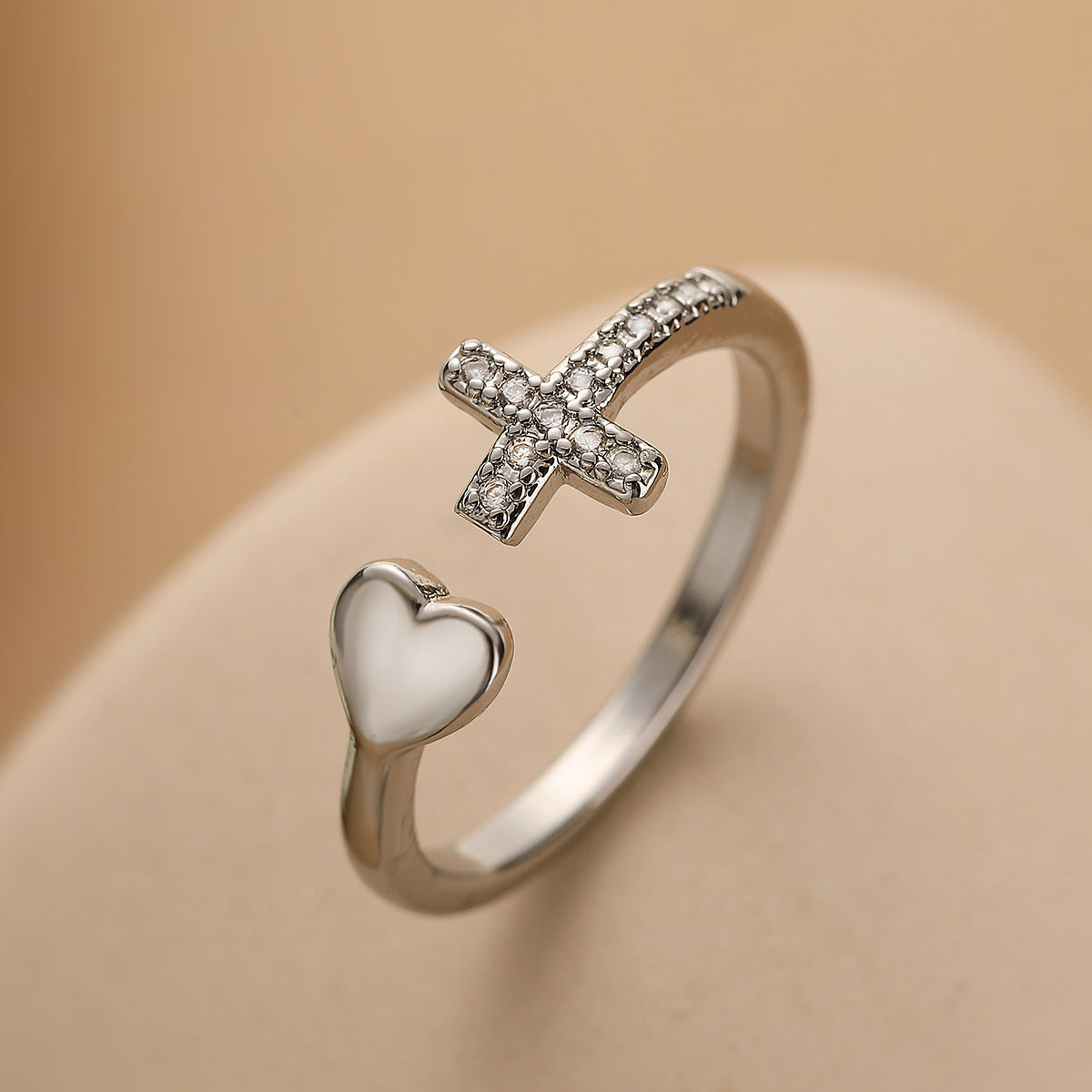 Minimalist Geometric Cross and Heart Shaped Copper Ring with Micro-Pavé Zirconia for Women