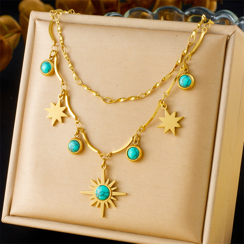 Vintage Bohemian Eight-Pointed Star Plated Stainless Steel Double Layer Necklace for Women