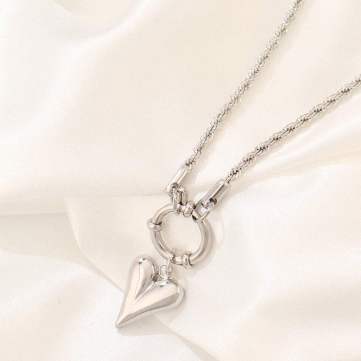 Elegant Heart-Shaped Pendant Necklace in Stainless Steel with Plated Finish and Square Pearl Chain for Women and Men