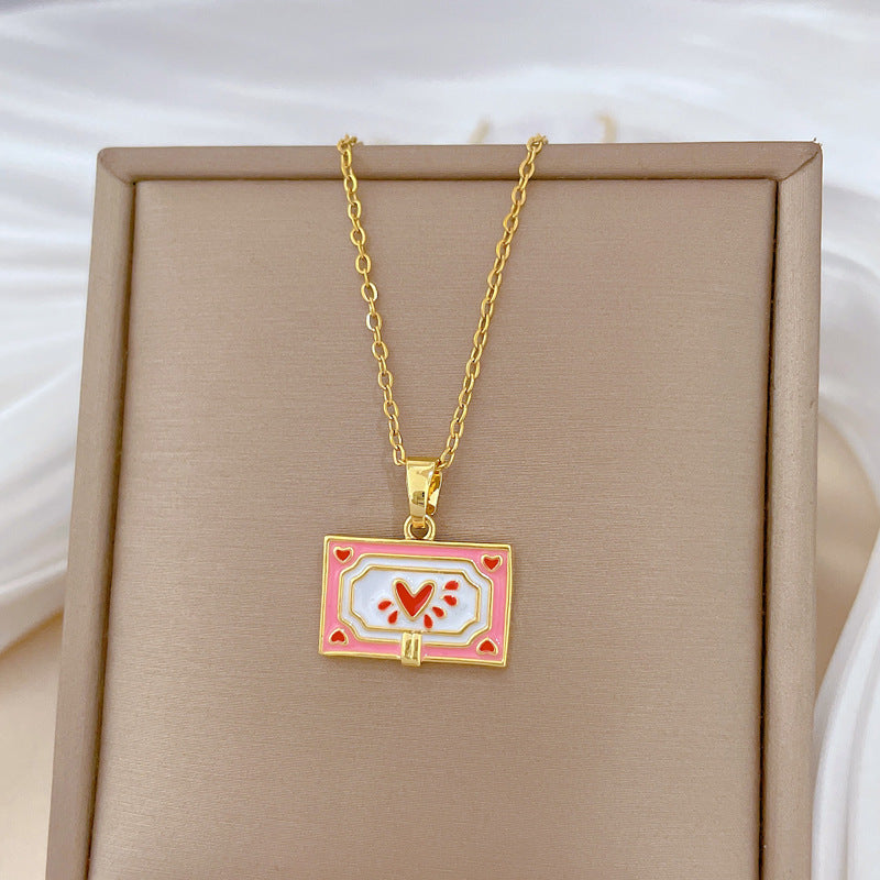 Minimalist Heart-Shaped Enamel Titanium Steel Necklace for Women with Delicate Clavicle Chain and Moon Motif