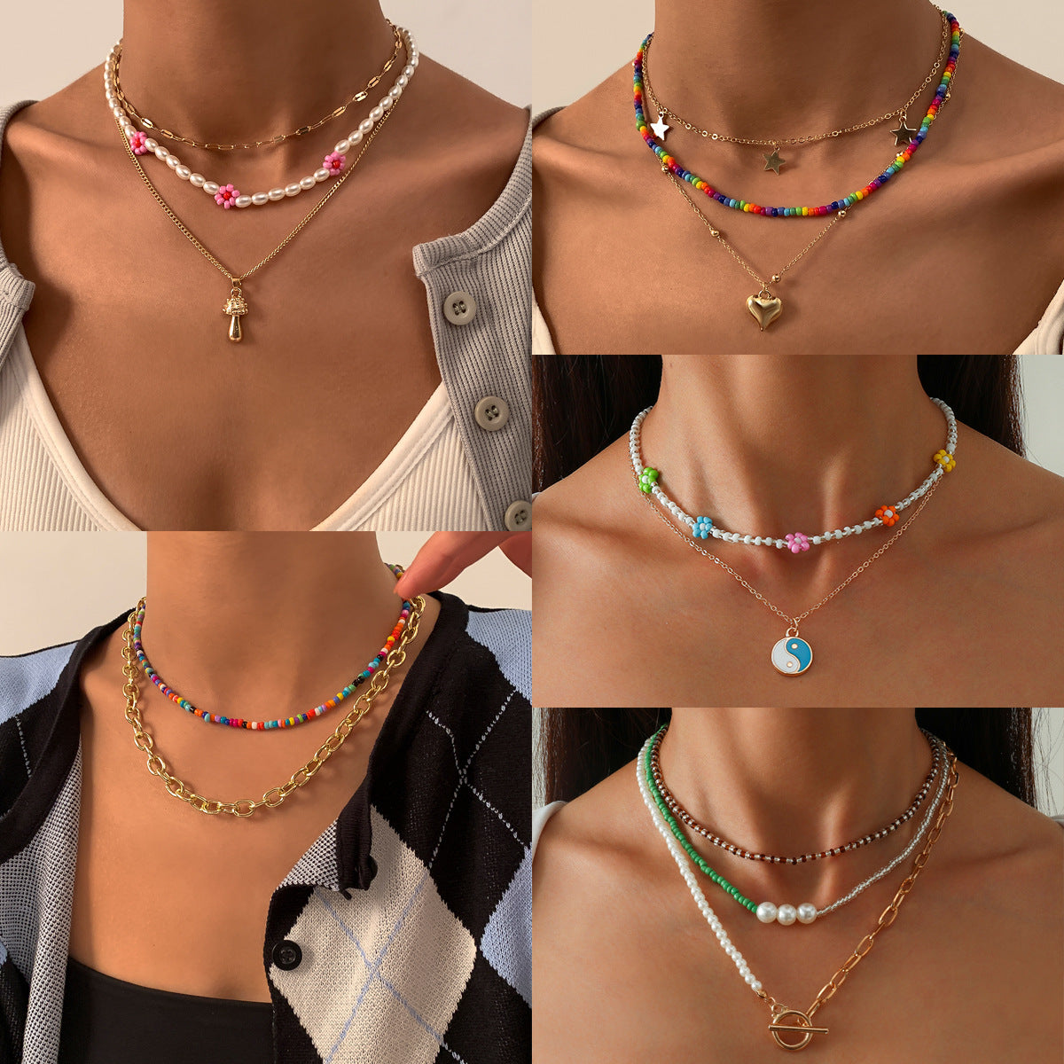 Vintage Bohemian Star Alloy Plated Tassel Beaded Necklace for Women