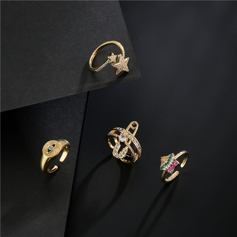 Geometric Eye-Shaped Open Ring for Women in Copper with 18K Gold Plating and Zircon Inlay