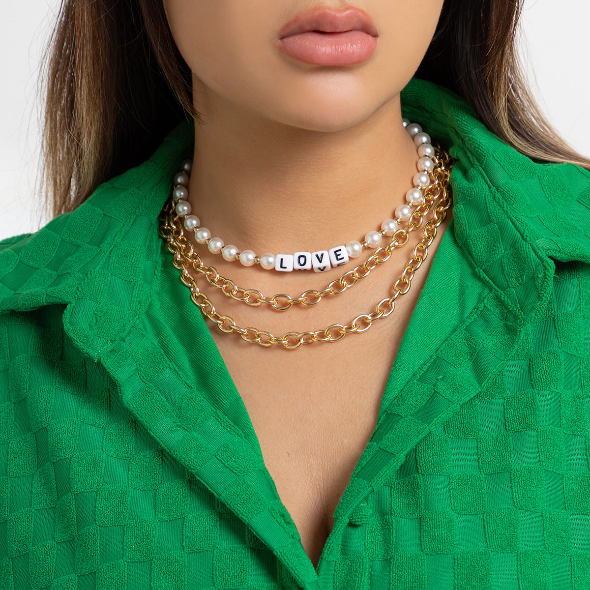 Streetwear Plated Alloy Letter Pendant Imitation Pearl Ball Chain Necklace for Women