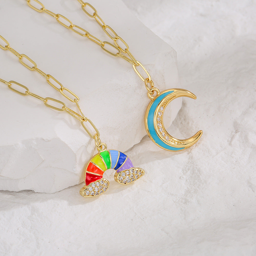 Cute INS-Style Geometric Moon Pendant Necklace for Women with Copper Base Plated in 18K Gold and Enamel Finish, Rainbow Rhinestone Inlay