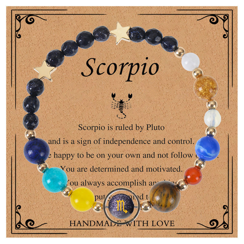 Elegant Geometric Natural Stone Obsidian Crystal Blue Sandstone Bracelet Unisex Zodiac Galaxy Universe Star Beaded Bracelet
