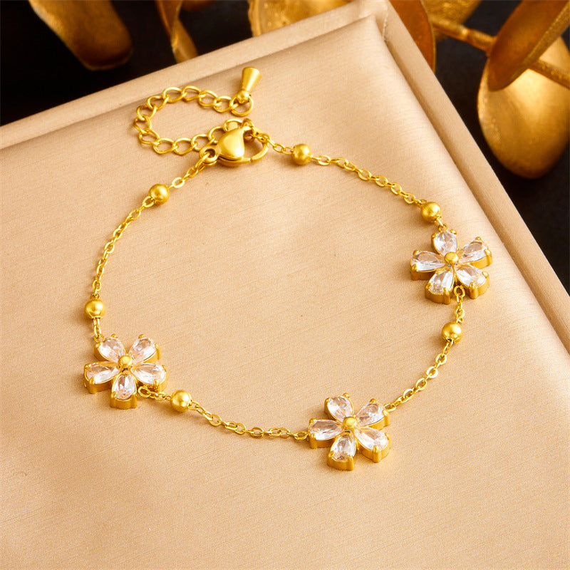 Minimalist Elegant Floral Rhinestone Inlay Stainless Steel Jewelry Set for Women